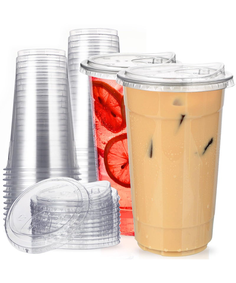 32 oz Clear Plastic Cups with StrawlessSipLids 25 Sets Disposable Cups Plastic Iced Coffee Cups To Go Cup with Sip Through Lids for Smoothie Milkshake Cold Drinks for Party Wedding Event